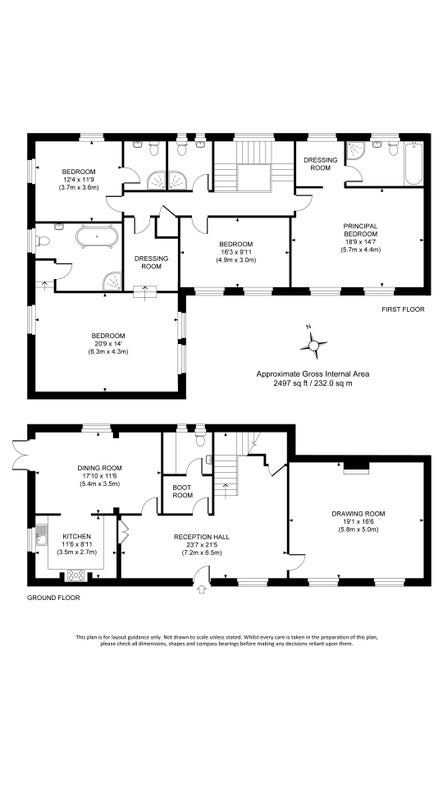 The floor plan for The Squire's Retreat, showing ground floor with entrance hall, sitting room, dining room, kitchen, boot room, utility room, and first floor with two bedrooms with en-suite bathrooms, one bedroom with en-suite shower room, a further bedroom and a shower room.